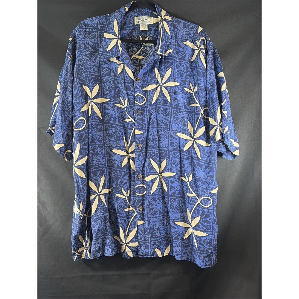 Avanti Hawaiian Shirt Mens 2XL Blue Silk Aloha Floral Button Front Camp Collar